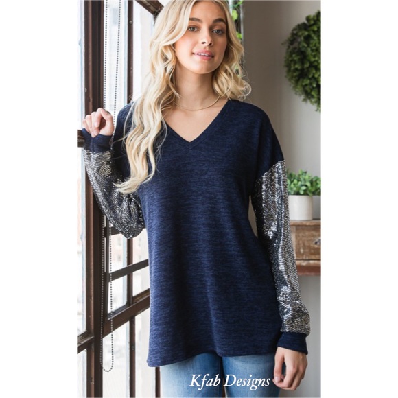 ❤️LAST! V Neck Midnight Blue Super Soft Sequin Sleeve Top! - Picture 9 of 16